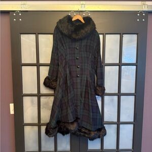 Collectif Plaid Coat with Faux Fur Trim